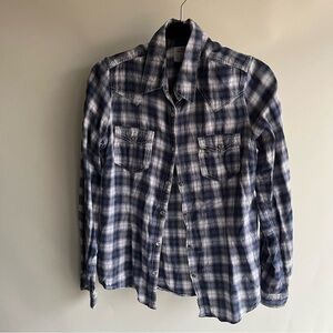 L.O.G.G. Pearl Snap Shirt Plaid Sz 12 Women’s Blue White H&M Long Sleeve EUC